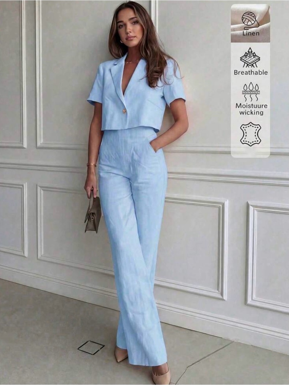 Light Blue Linen High-Waist Wide-Leg Pants